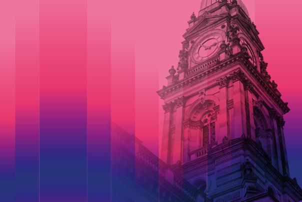 Purple and pink banner wih Manchester building