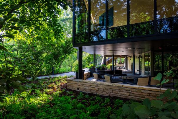 Modern glass-walled building nestled among lush greenery, featuring a spacious outdoor seating area and a pathway leading into nature.