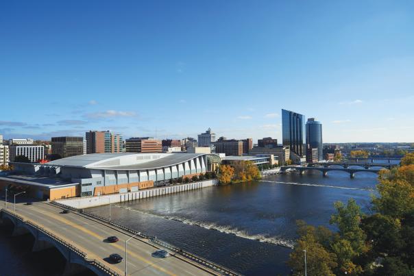 Aerial view of the DeVos Place Convention Center and Performance Hall in Grand Rapids, MI