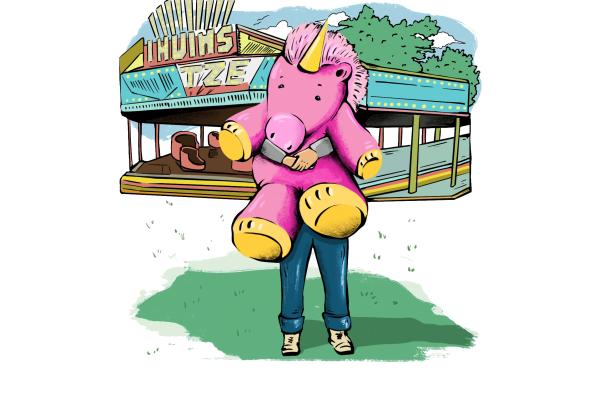 Illustration of a rainbow unicorn prize and carnival booth at the NM State Fair.