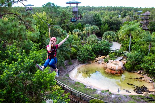 A Visit Orlando employee at Gatorland zipline adventure.