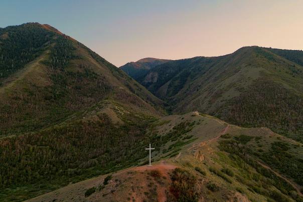 Aerial view of the Dominguez-Escalante Cross on a ridge above Spanish Fork, Utah