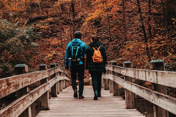 people hiking over wooden bridge