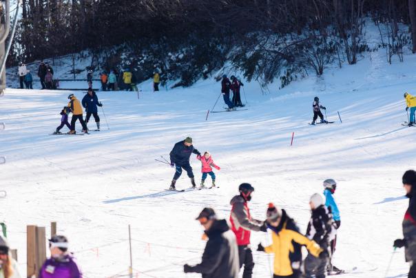 A father and daughter glide down the bunny slope hand-in-hand. Other families and skiers can be seen enjoying the snow all around.