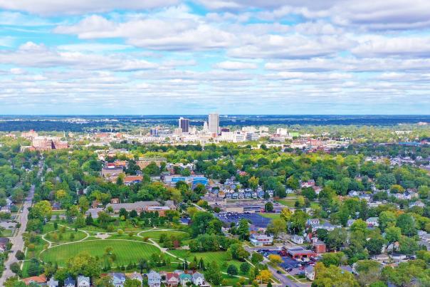 Aerial photo over 46807 neighborhood looking north toward downtown Fort Wayne