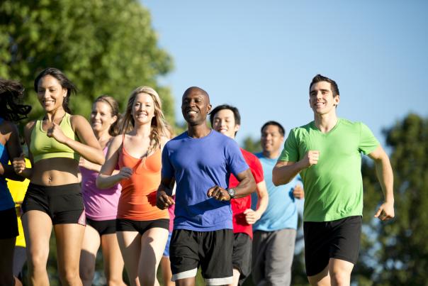 a group of people running