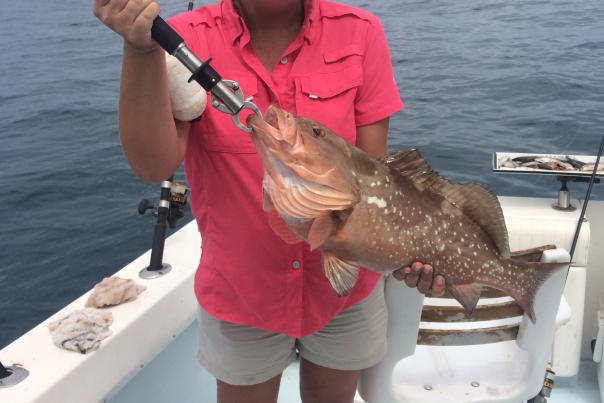 Fishing: woman holding a freshly-caught red grouper fish