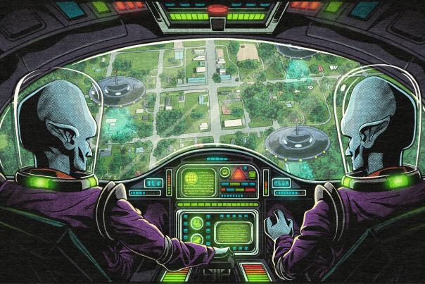 illustration of two aliens in a spaceship looking down at a town