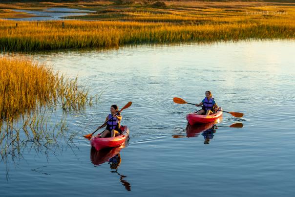 two women kayaking through marsh