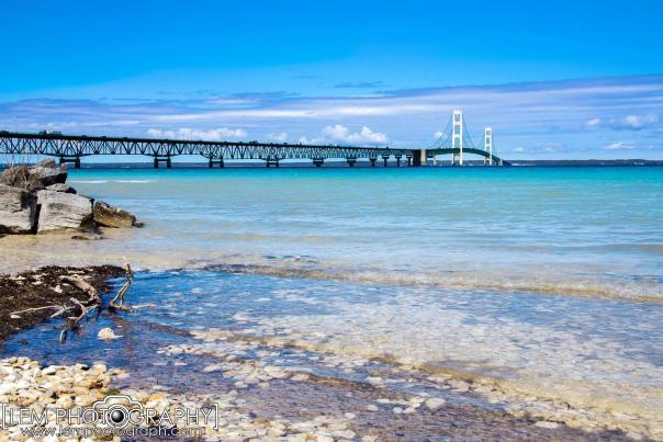 A view of the Straits of Mackinac and the Mackinac Bridge, located in Michigan's Upper Peninsula, USA