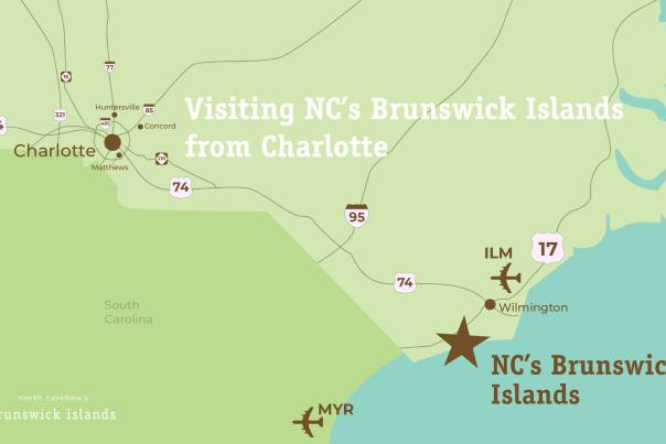 an illustrative map showing major roadways leaving from Charlotte to NC's Brunswick Islands