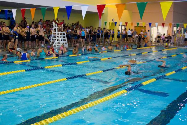 Three Little Pigs triathlon participants swimming in an indoor pool in the swim portion of the race in Johnston County, NC.