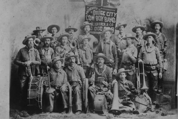 Vintage photo from the 1800s shows a group of men with band instruments