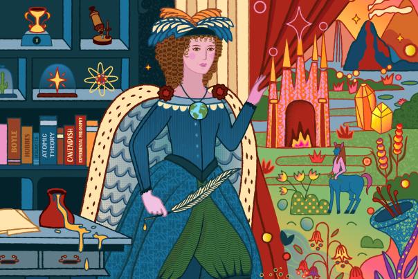 Image shows Margaret Cavendish gazing out of window at magical fantasy landscape