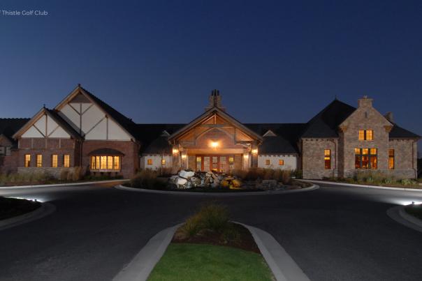 Thistle Golf Club clubhouse at twilight