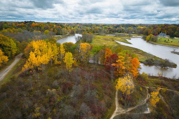 Fall foliage from drone with river