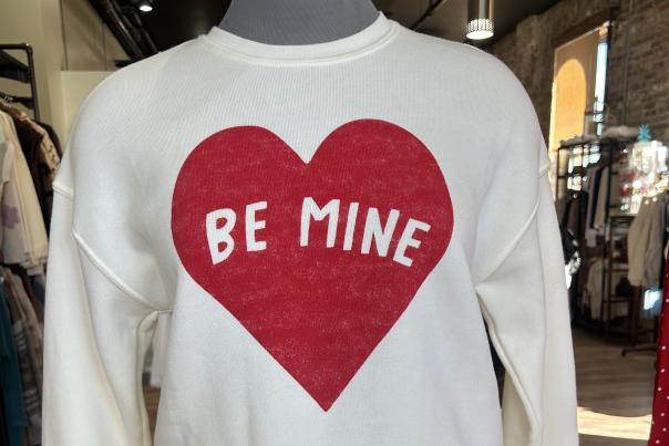 White Women's Sweater with a red heart that says Be Mine