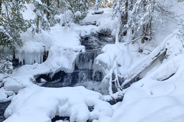 Wagner Falls covered in ice and snow, in the Upper Peninsula, Michigan