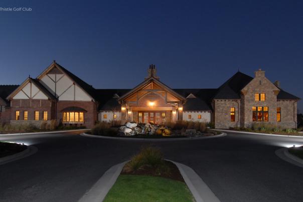 Thistle Golf Club clubhouse at twilight