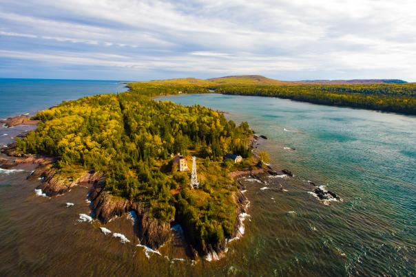 Aerial view of Copper Harbor Lighthouse