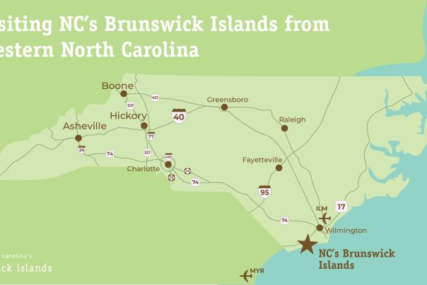 a graphic showing a map of NC with highways in western NC leading to NC's Brunswick Islands
