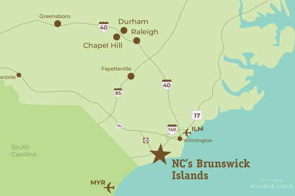 an illustrative map of roadways leading to the Brunswick Islands from the RDU area in North Carolina