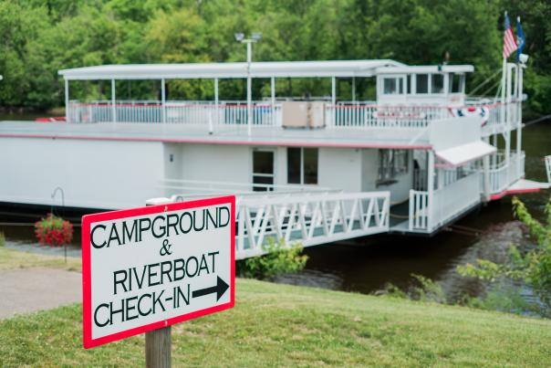 Grand Lady Riverboat - docked with sign.