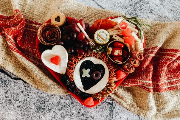 food and candy in a heart shaped box