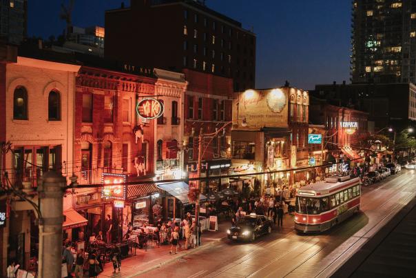 The shops and restaurants of King West at night