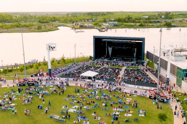 Drone image of Live Oak Bank Pavilion with the Cape Fear in the distance