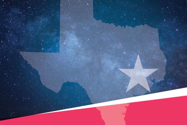 outline of Texas over a field of stars with a White star over the location of Houston