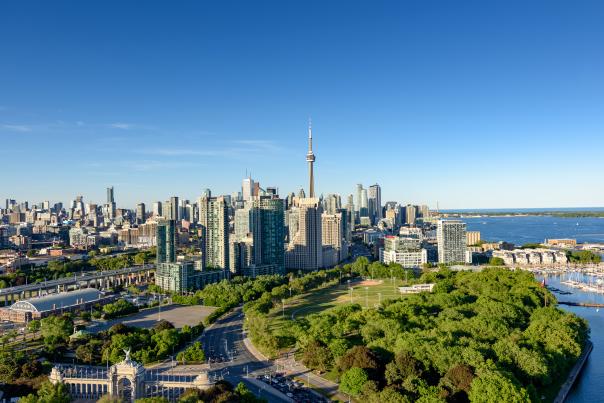 Aerial photo of the Toronto skyline including Lakeshore Boulevard and Exhibition Place