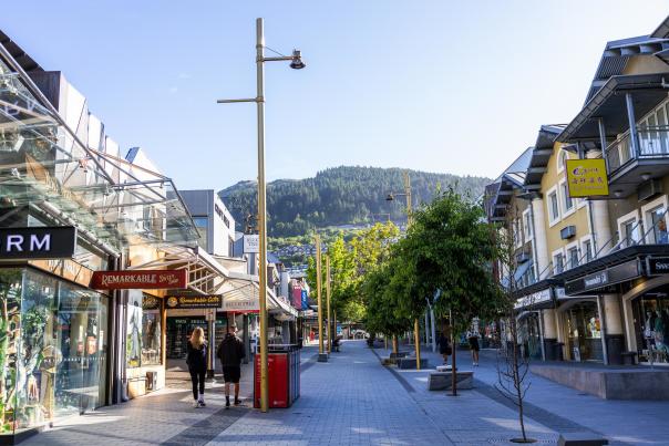Looking up Beach Street on a bluebird morning with Queenstown Hill in the background