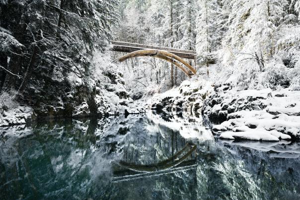 The snow-covered trees and bridge at Moulton Falls near Vancouver, WA.
