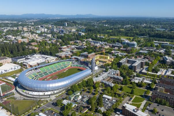 Downtown and Riverfront Eugene drone image