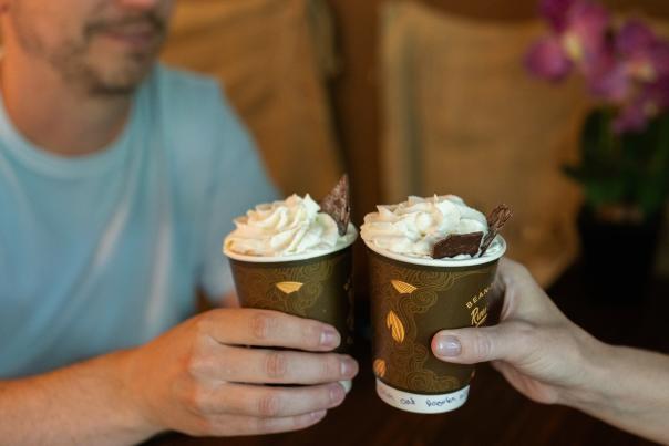 Two hot chocolate drinks with whipped cream are being toasted together by two people's hands.