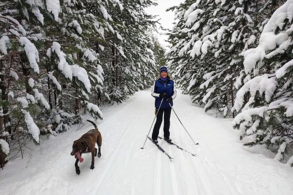 Woman cross country skier with her dog on a snowy trail in the Upper Peninsula Michigan