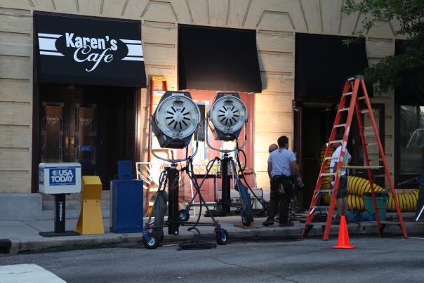 Film crew outside set of Karen's Cafe