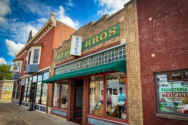 Front entrance facade of Hyde Brothers Booksellers on Wells Street in Fort Wayne, Indiana
