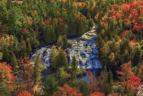 Aerial view of Bond Falls in the fall, the Upper Peninsula, Michigan