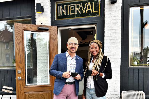Tenia Fisher and David Caruso in front of Interval Coffee