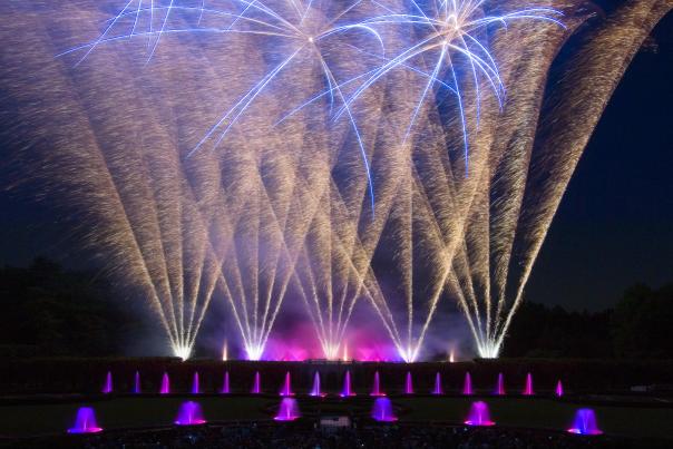 Fireworks above fountains in Longwood Gardens