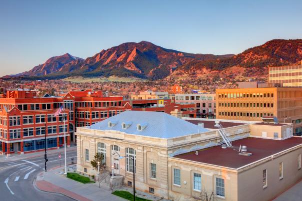 Aerial of Downtown Boulder looking to the Flatirons