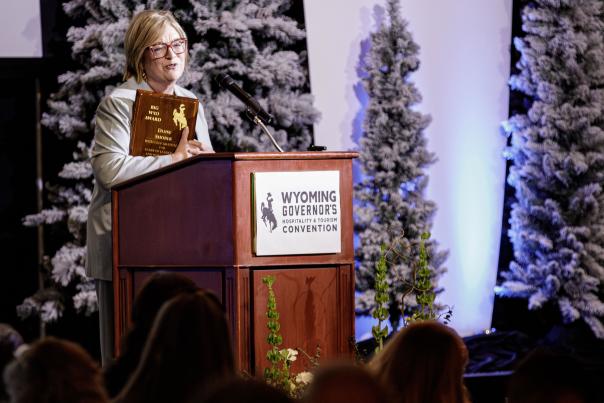 Diane Shober, WOT executive director, accepting the 2025 Big WYO Award on Tuesday evening at the Little America Hotel and Resort in Cheyenne.