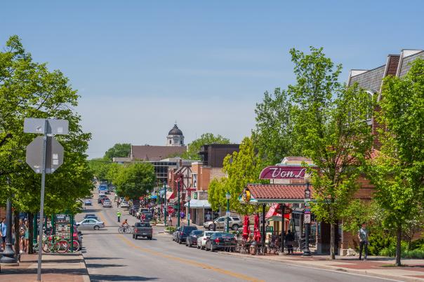 Downtown Bloomington view of Kirkwood Avenue in the spring