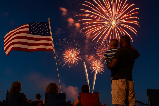 ai altered image of man, child, fireworks display, and an american flag