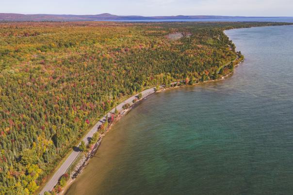 Aerial view of south shore drive during fall color along Lake Superior