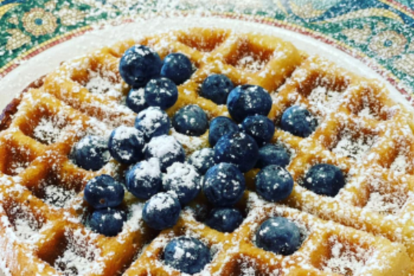 A waffle on a patterned plate topped with blueberries and powdered sugar.