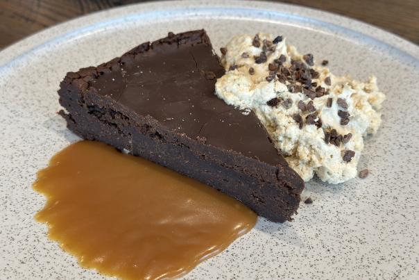 Chocolate Torte with espresso mascarpone, caramel, & meringue