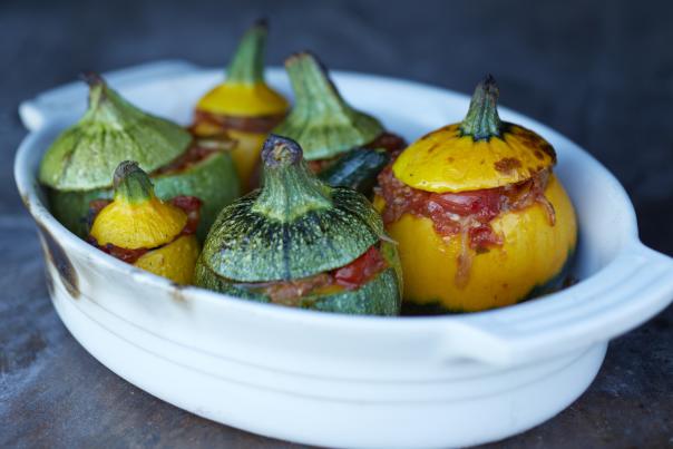 Stuffed summer squash in a roasting pan at Black Cat